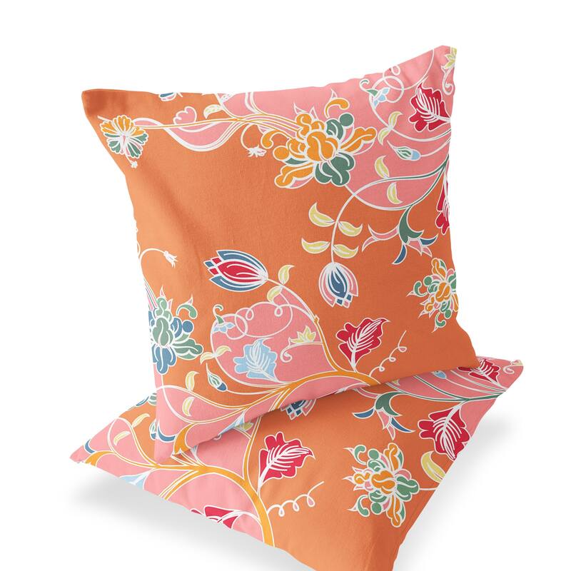 HomeRoots Set of Two 16" X 16" Pink and Orange Blown Seam Floral Indoor Outdoor Throw Pillows - 16.00' X '16.00' X '5.00