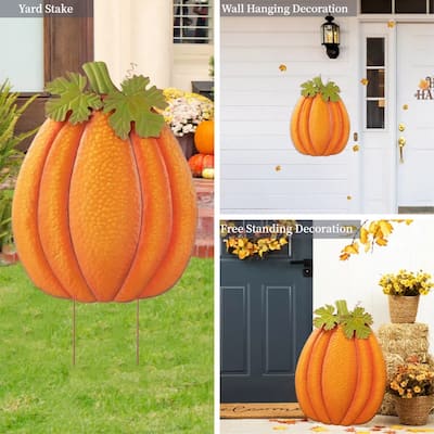 Glitzhome 37.75"H Fall Metal Embossed Glitter Pumpkin Yard Stake Thanksgiving Decor (3 Functions)
