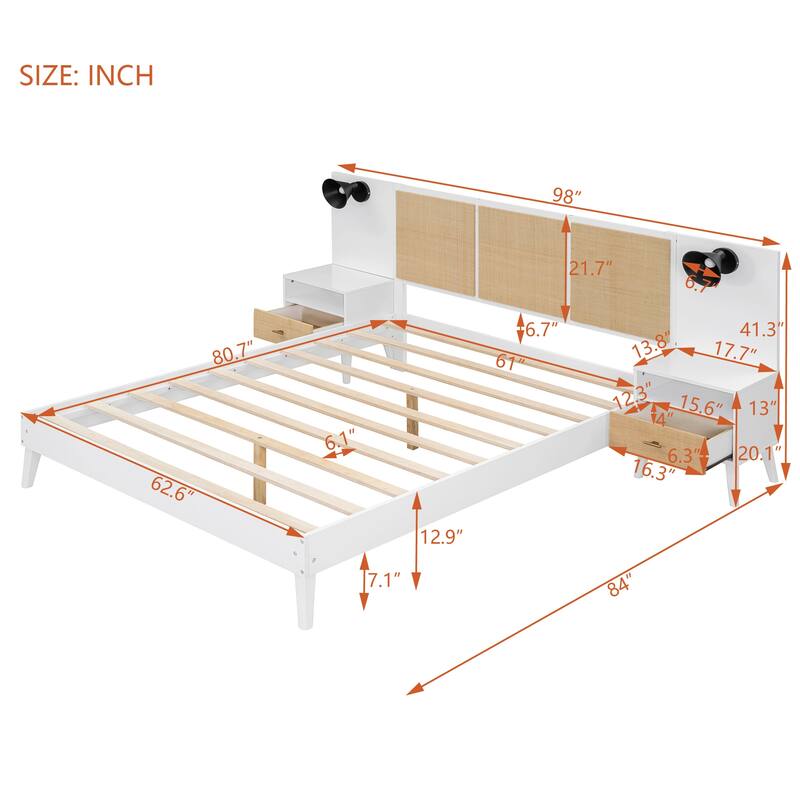 Queen Size Solid Wood Bed Frame with 2 Nightstands, Modern Platform Bed with Headboard, Lamps, Rattan Wood Combination Set