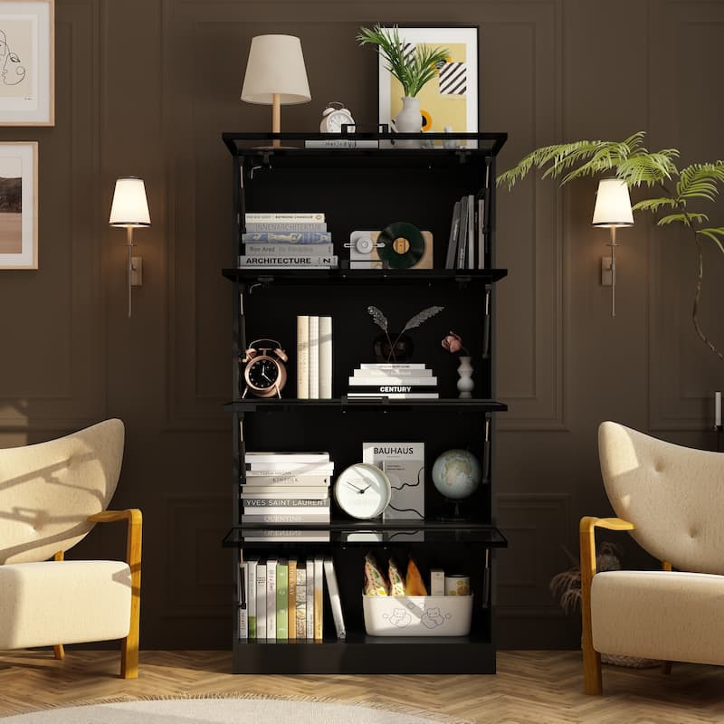 Stylish Aluminum Bookshelf with Four Hinged Doors and Strips Lighting - Black