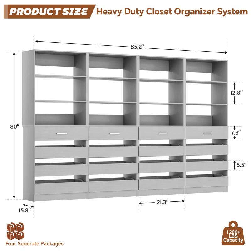 21.3'' W Closet System with 4 Wooden Drawers, 1.78FT Walk-in Closet Organizer Wardrobe with Adjustable Open Shelves