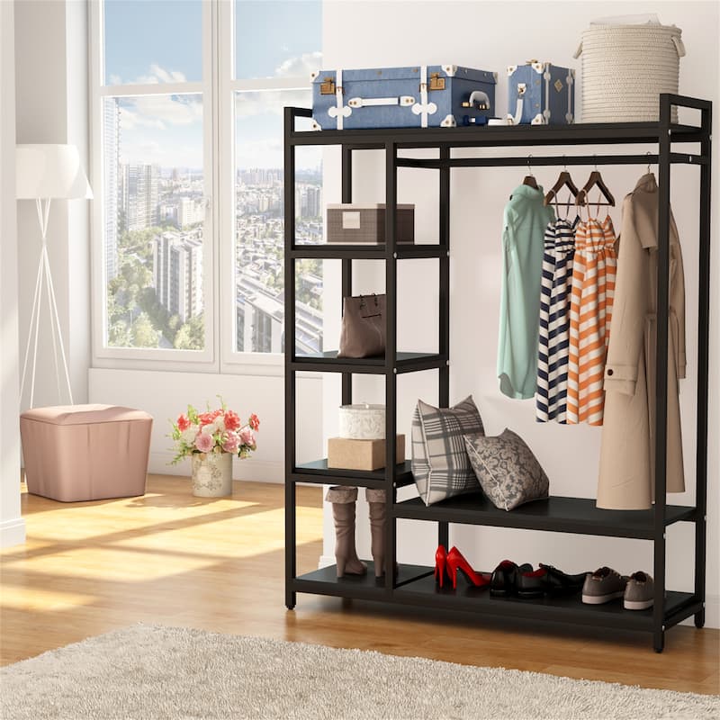 Brown/ Black Wood Industrial Clothing rack with shelves, 5-Tier Clothes Garment Rack Closet Organizer System with Hanging Rod