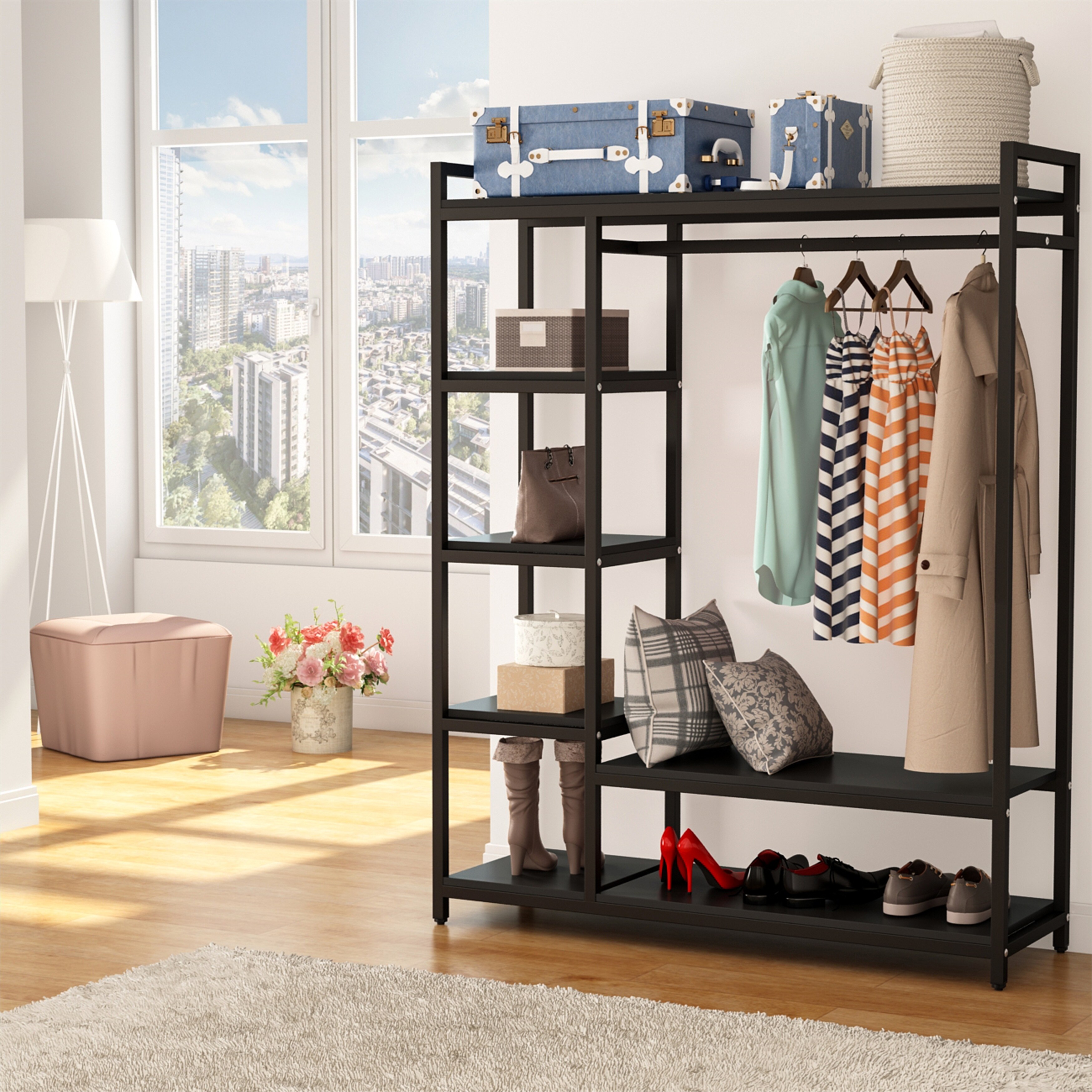 Industrial clothing rack with shelves online