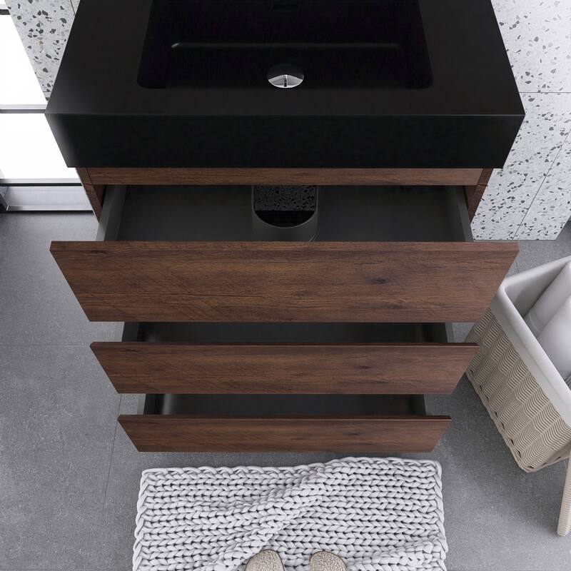 Freestanding Bathroom Vanity with Black Solid Surface Top
