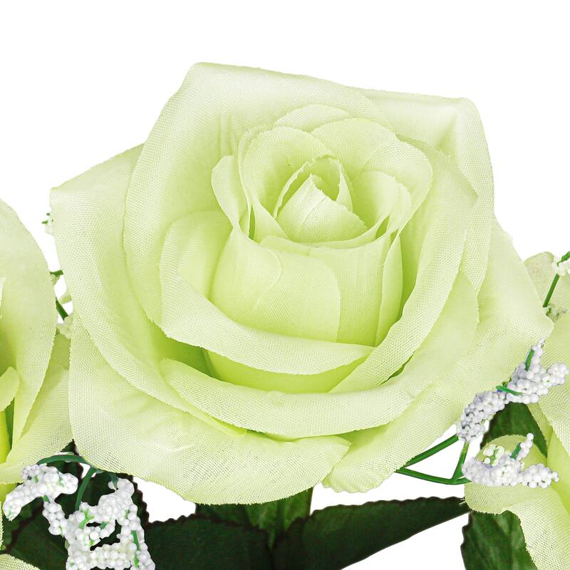 Set of 12 Green Artificial Open Rose Flower Stem Bush Bouquet 14in - 14" L x 7" W x 7" DP
