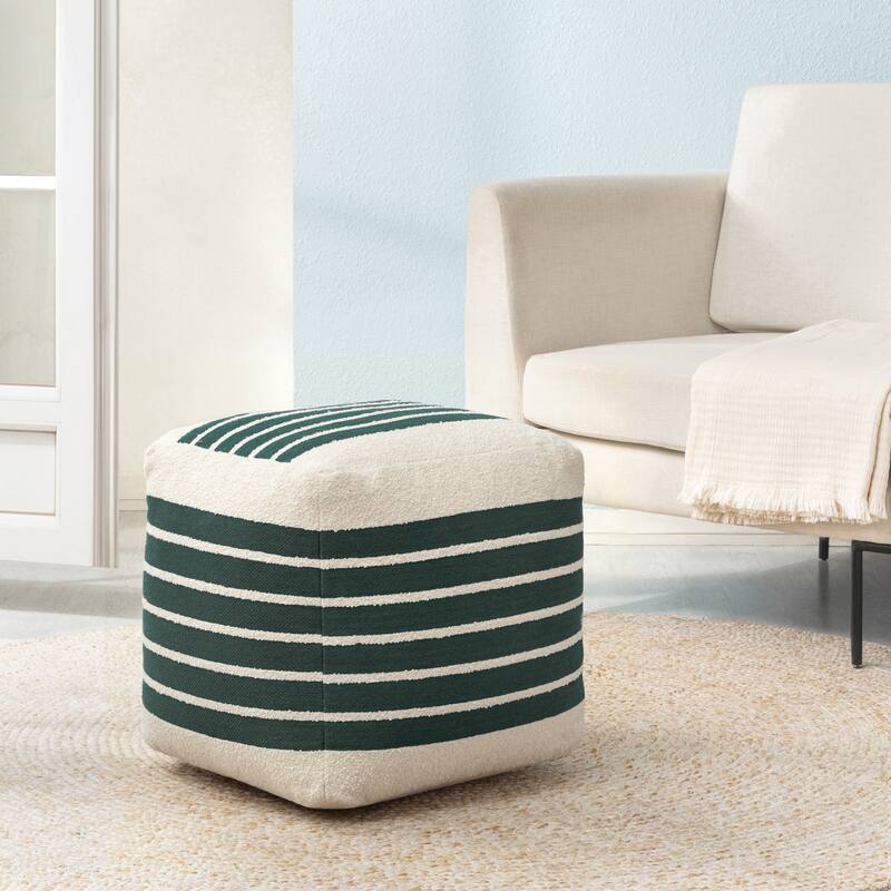 Jani 20-inch Ottoman Pouf - Handcrafted Handmade Ottoman for Seating, Footrest, Home Decor for Living Room, Bedroom - Ivory/Garden Topiary