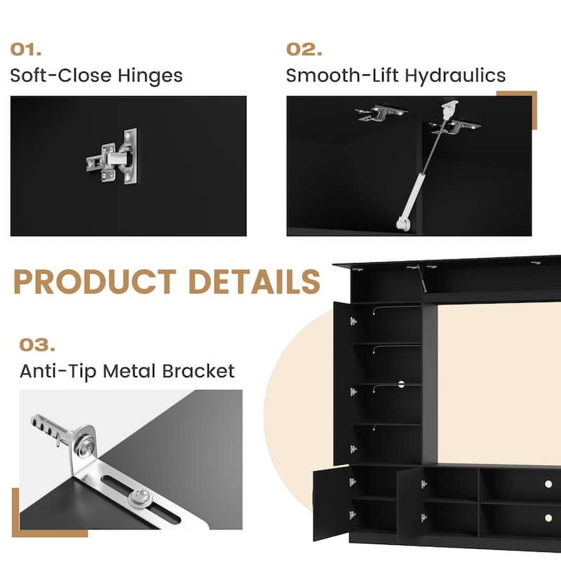 EROMMY 112" Wall Unit TV Stand with LED Lights, Bookshelves and Storage Cabinets for Living Room