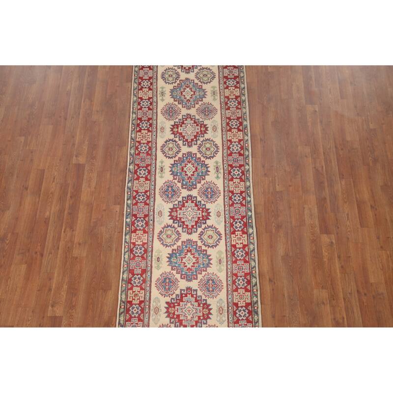 Hand Knotted Oriental 100% Wool Carpet Traditional Geometric Beige & Ivories Kazak Runner Rug - 8' 5'' X 2' 9''