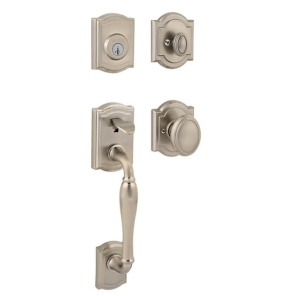 Baldwin 180WYHxCYK-ARB-SMT Wesley Style Handleset with Carnaby Interior Knob from the Prestige Collection - Satin Nickel