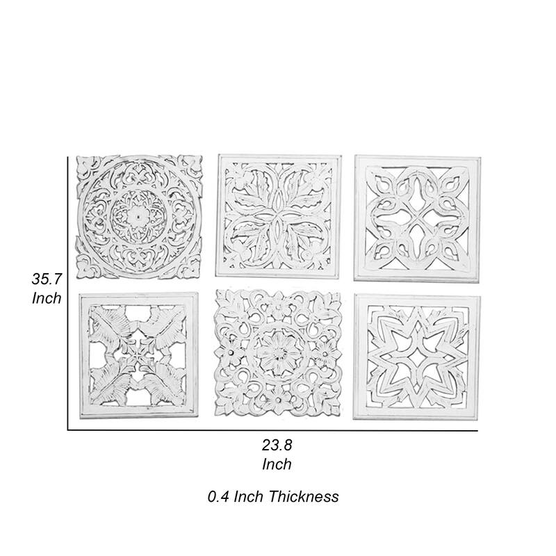 12 x 12 Wall Art Panel Set of 6, Intricate Carved Sculpture, White Finish