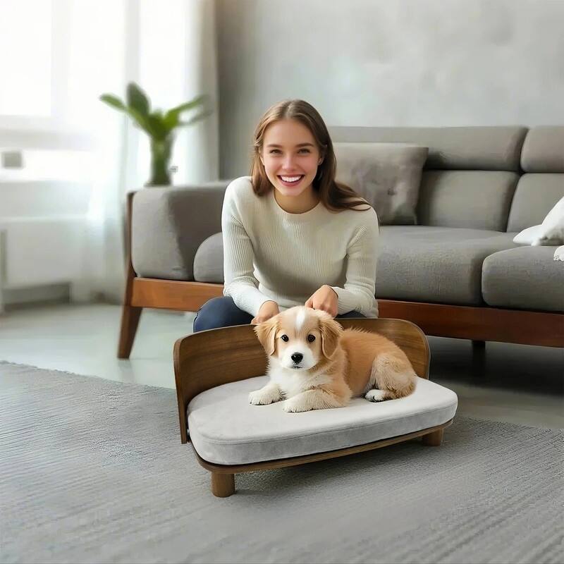 Elevated Dog Bed Curved Wood with Waterproof Soft Cozy Cushion Stool