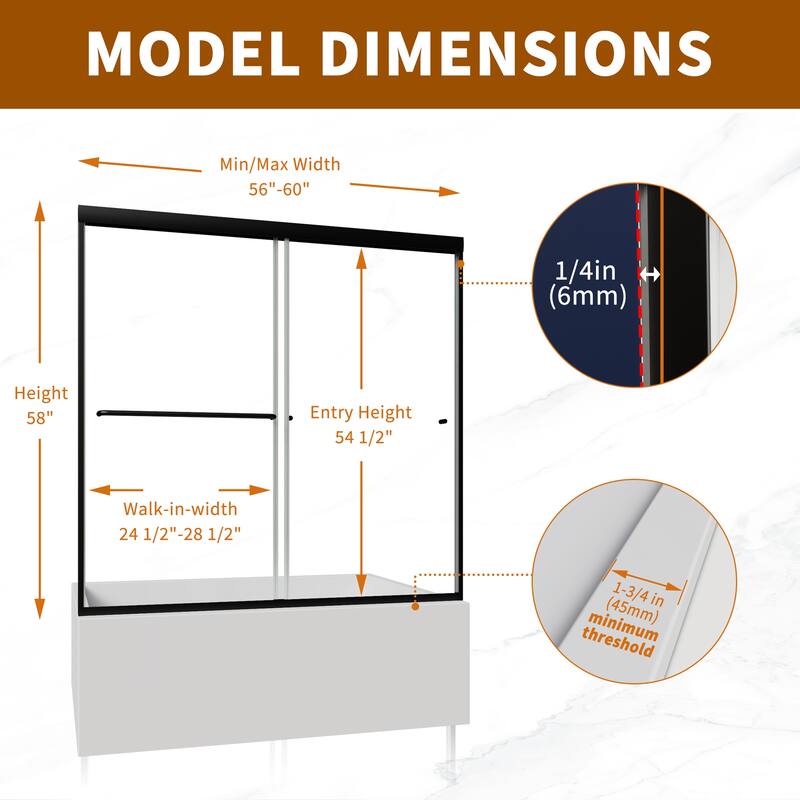Modland 56-60" Sliding Bathtub Door, 1/4" ANSI Glass with Dual Protection Film, Matte Black Bypass Tub Enclosure