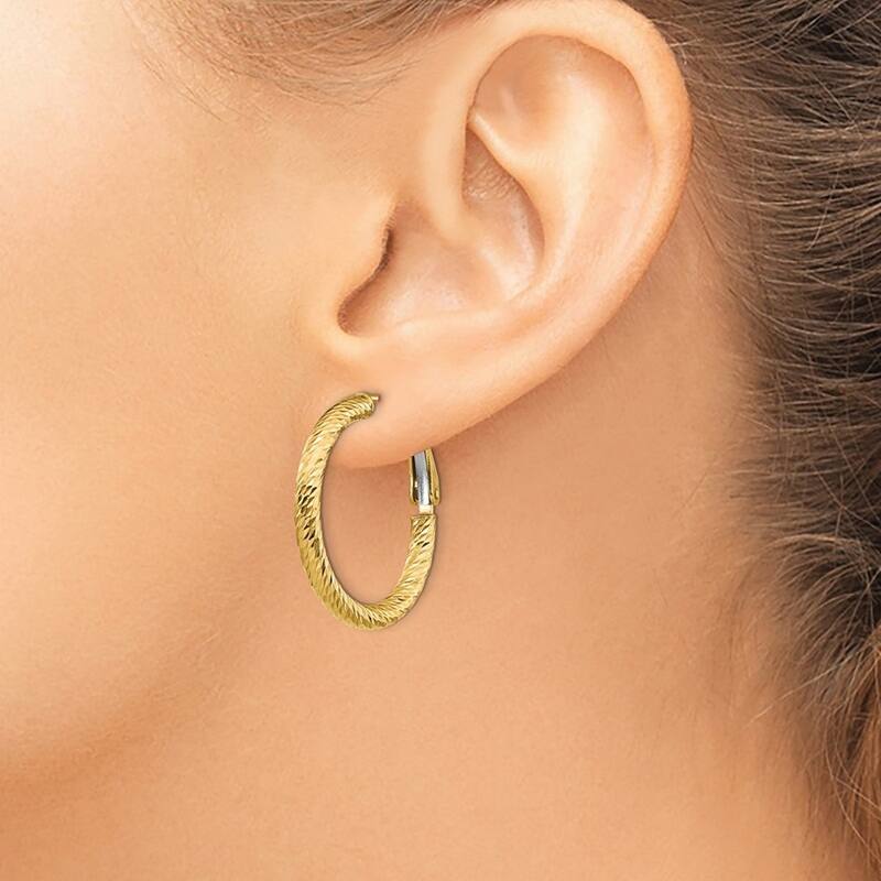 Curata 14k 3x20 Sparkle Cut Round Omega Back Hoop Earrings - 26x25.5mm Wide 3mm Thick Jewelry Gifts for Women