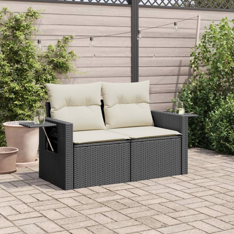 vidaXL Patio Sofa with Cushions 2-Seater Loveseat Modular Couch Poly Rattan - 24.4 x 48.8 x 27.2 in