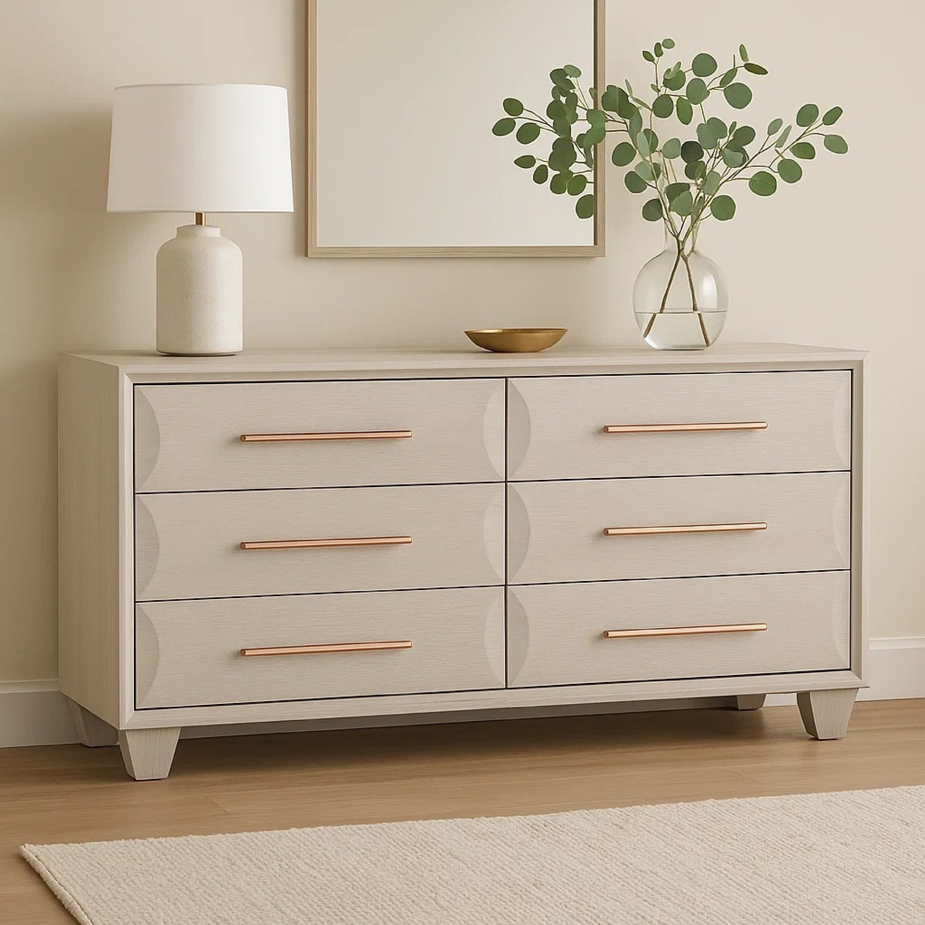 Nitz 6 Drawer Wide Dresser, White Oak Solid Wood Frame, Rose Gold