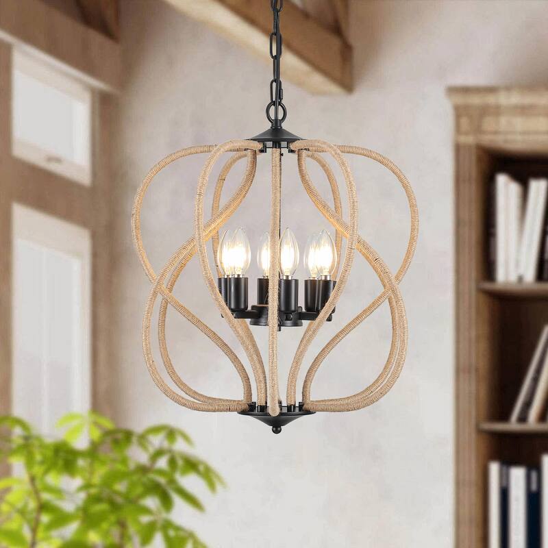 6-Light Rustic Rope - Wrapped Metal Chandelier, Adjustable Height, E12 Bulb Compatible - Matte Black