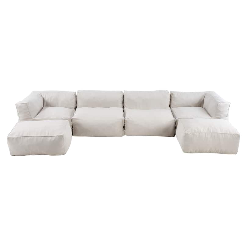 Christopher Knight Home - Nerissa 6-Piece Modular Outdoor/Indoor Bean Bag Sectional Sofa Set with Shredded Foam Filled & Ottoman - Beige