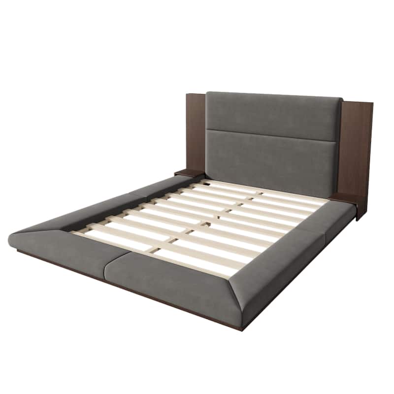 Velvet Upholstered Low Profile Bed Frame Gray Floor Platform Bed with Extended Wood Headboard & Bedside Shelf, Wood Slat Support