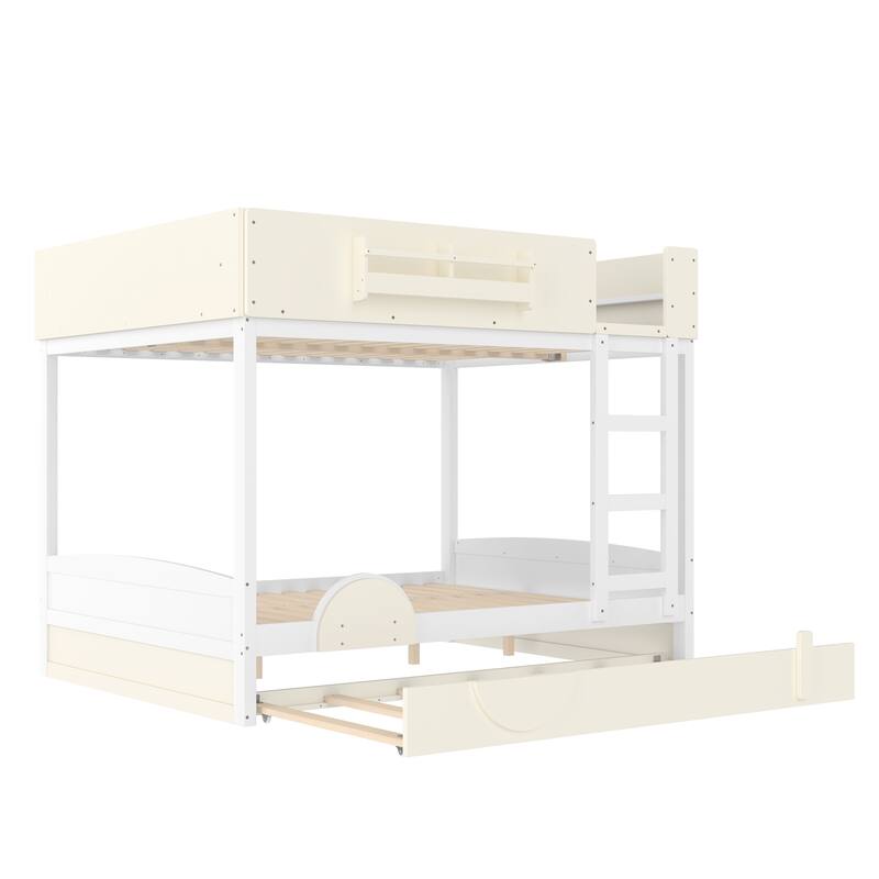 Queen Bunk Bed with Trundle, Wood Bunk Bed Frame with Built-in Bookshelf and High-quality Safety Guardrail