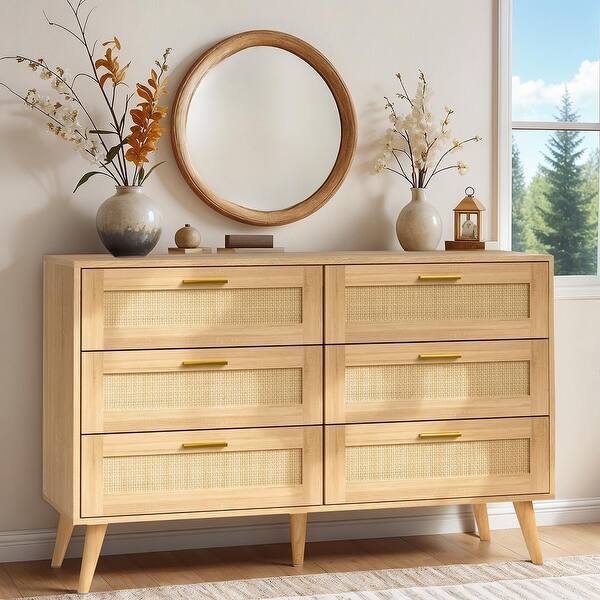 BOSSIN Drawer Dresser for Bedroom, Wooden Rattan Dresser, Modern Boho Storage Chest with Golden Handles - Bed Bath & Beyond - 42178635 BOSSIN Drawer Dresser for Bedroom, Wooden Rattan Dresser, Modern Boho Storage Chest with Golden Handles - Bed Bath & Beyond - 42178635