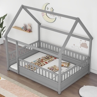 Wooden Floor Bed with House Roof Frame and Guardrails