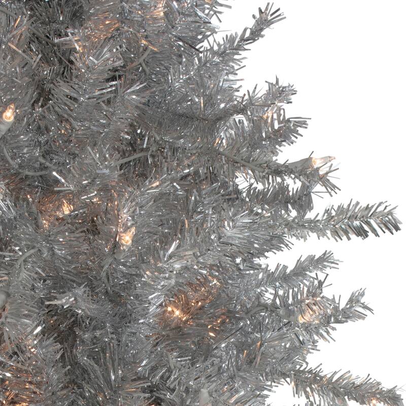 7.5' Silver Tinsel Pine Slim Artificial Christmas Tree - Clear Lights - 7.5 Foot