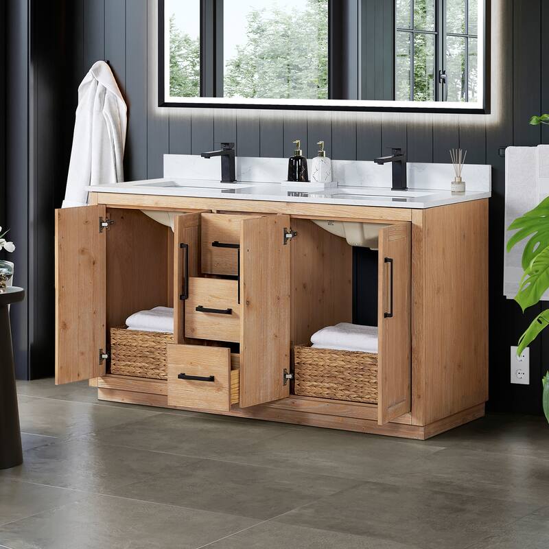Cicero Single Bathroom Vanity in Light Brown with Grain White Engineered Stone Countertop without Mirror