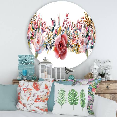 Designart 'Pink Roses and Wildflower' Farmhouse Metal Circle Wall Art