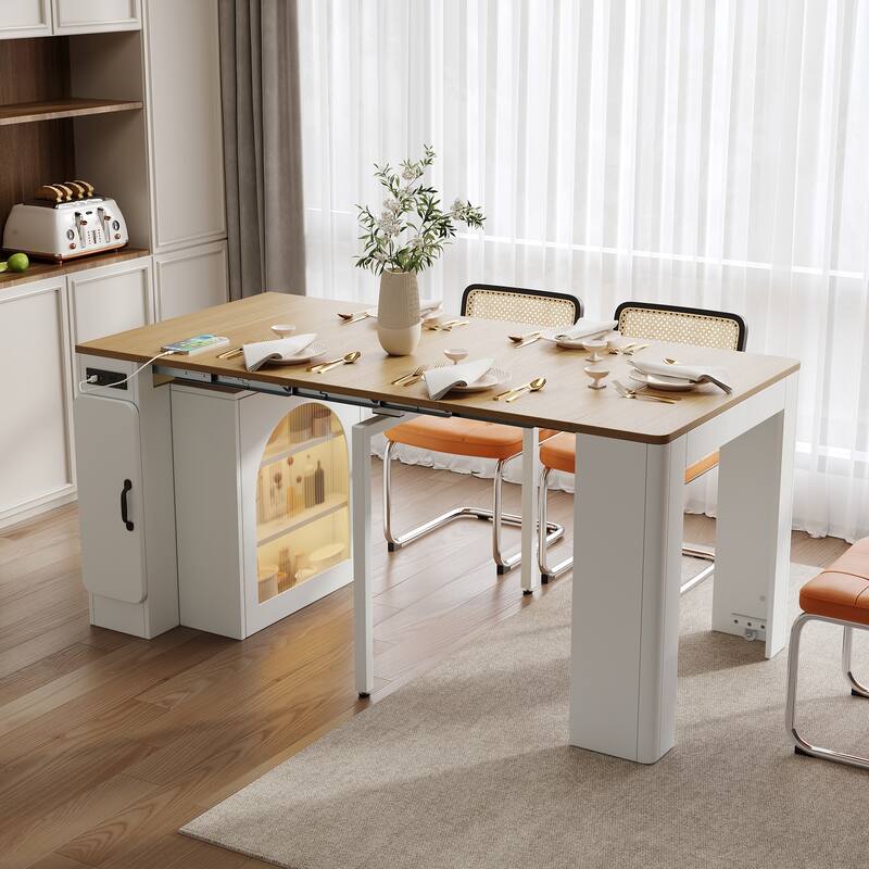 Modern Extendable Dining Table with Rolling Wheels and Integrated Power Outlet for Versatile Spaces - White