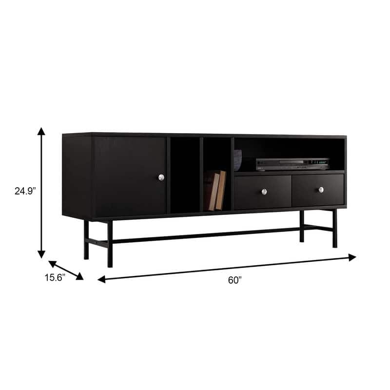 Rochester Multifunctional 60" Modern Wood TV Stand with 2 Drawers, Open Shelves, Enclosed Cabinet, and Powder Coated Steel Legs