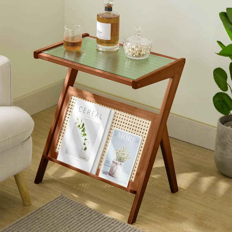 Bamboo Glass Top Side Table Accent End Table with Magazine Rack - Brown-side table