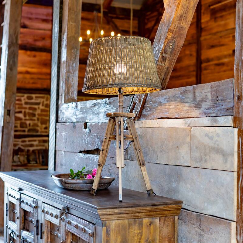 Rattan Style Table Lamp with Wooden Tripod and Bamboo Shade - 15.5x15.5x33