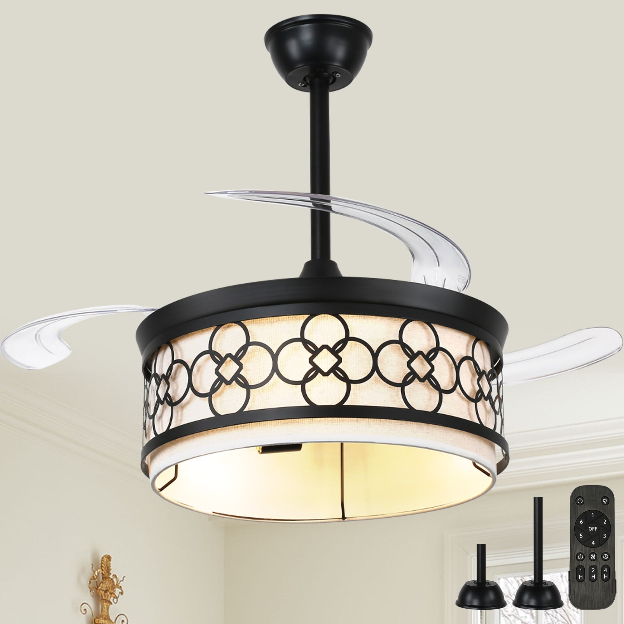 Cusp Barn 42'' Retractable Ceiling Fan with Lights and Remote, Fabric Caged Fandelier, Modern 6 Speeds Reversible Ceiling Fan