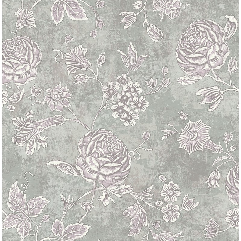 Seabrook Designs Isbell Floral Branch Unpasted Wallpaper - 20.5 in. W x 33 ft. L - Metallic Light Grey & Lavender