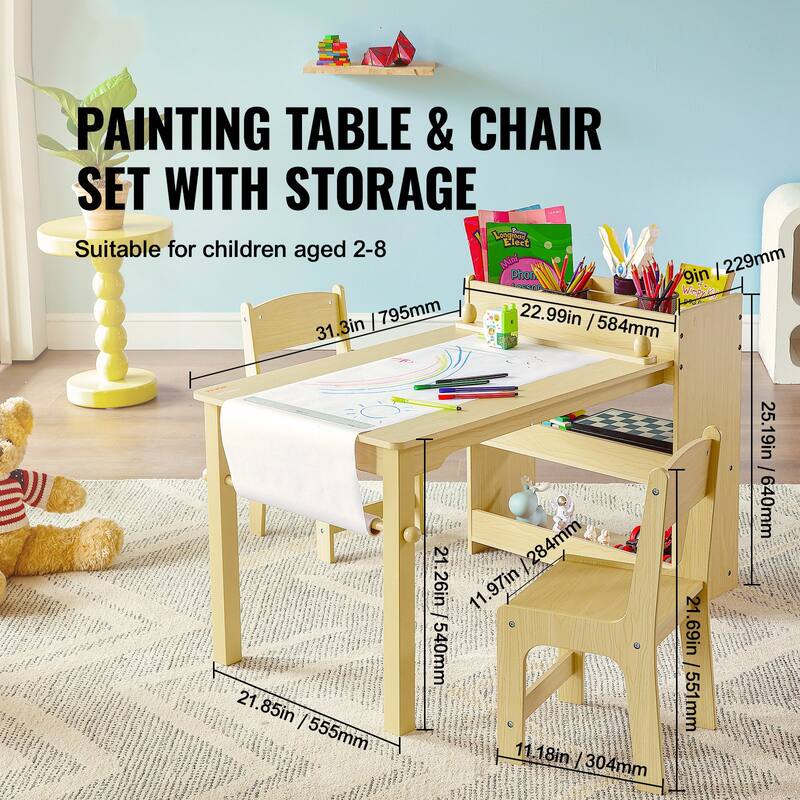 2-in-1 Wooden Toddler Craft and Play Activity Table Set Including 2 Chairs with Cabinet - 31.3x21.85x21.26 inch