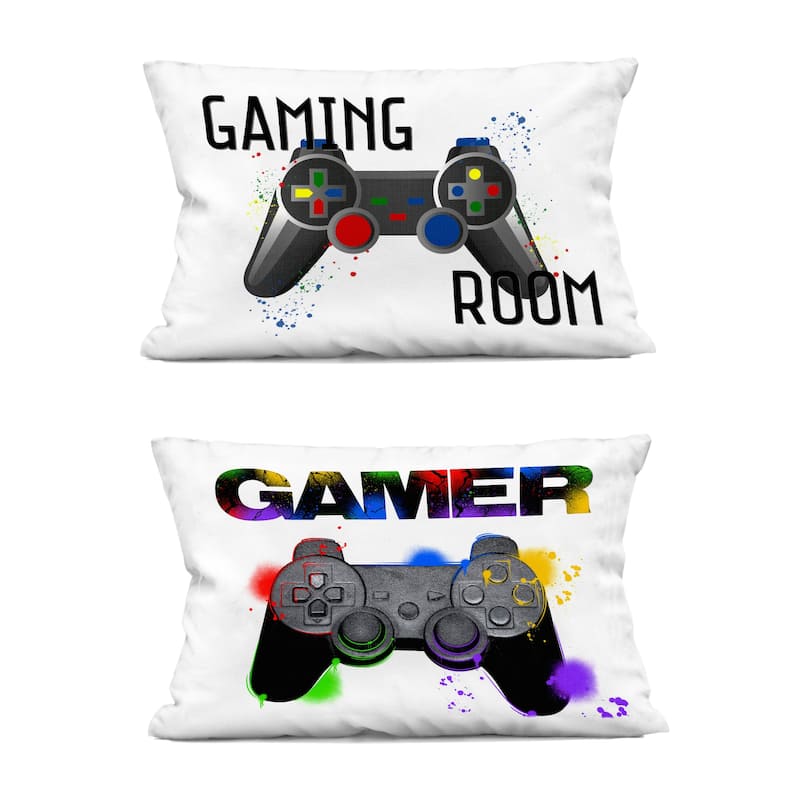 Stupell Modern Gamer Graffiti Phrases Decorative Printed Throw Pillow Design by Kim Allen (Set of 2) - Pillow Sets - Polyester - Black - Set of 2