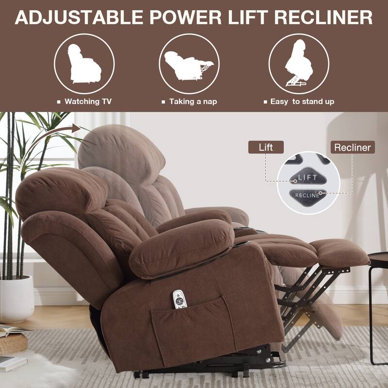 Fabric Electric Power Lift Recliner Chair with Massage and Heat for Elderly with USB Ports,Cup Holders & Side Pocket