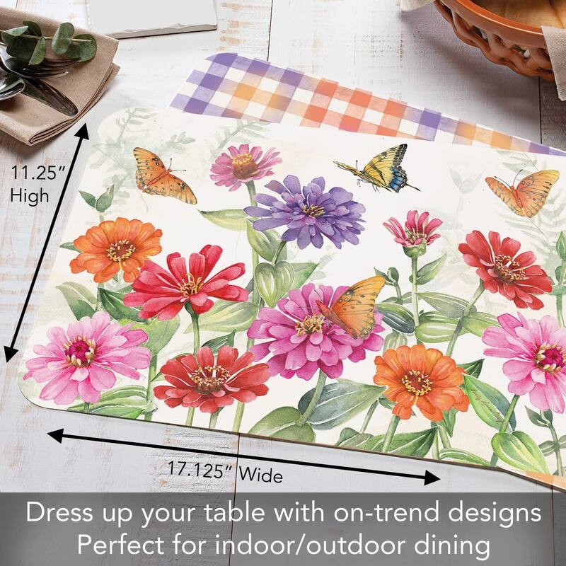 CounterArt Zinnias & Butterflies Reversible Easy Care Flexible Plastic Placemat 4 Pack Made in The USA
