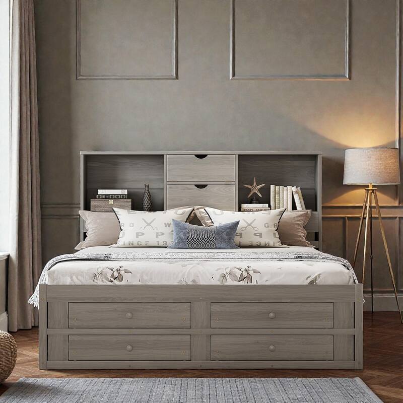 Platform Bed with Headboard Storage and 8 Drawers, Wood Bed Frame with Shelves and No Box Spring Needed