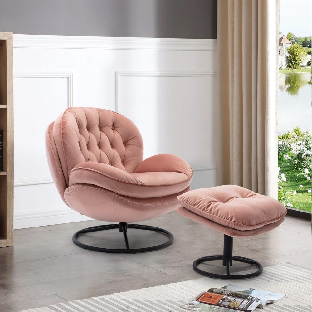 Velvet Upholstered Accent Chair with Ottoman and Metal Legs for Living Room