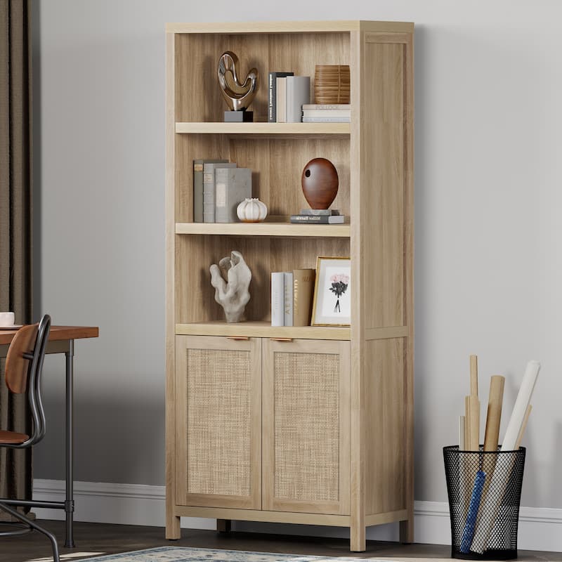 SICOTAS 5 Tier Adjustable Bookcase with Rattan Storage Cabinet - Wood Finish - Oak