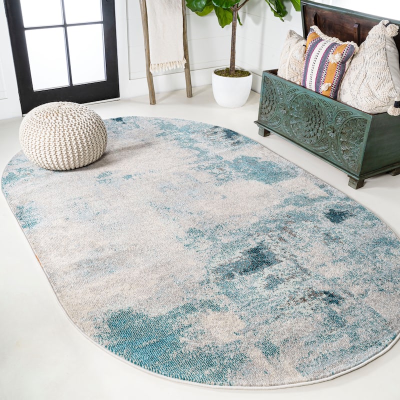 JONATHAN Y Groovy POP Modern Abstract Vintage Area Rug - 3 X 5 Oval - Cream/Blue