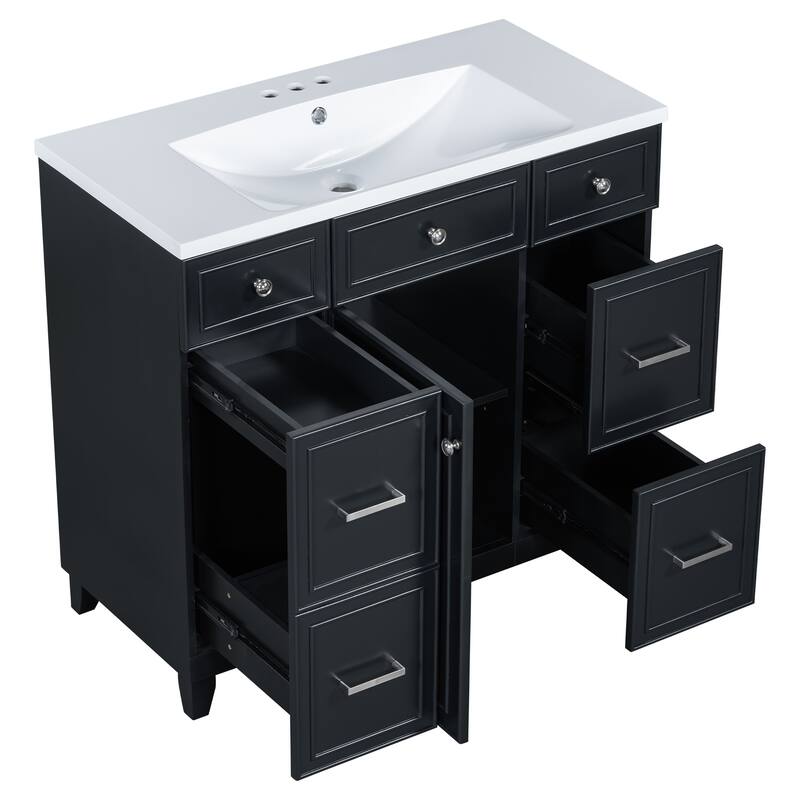 36" Black Bathroom Vanity Cabinet with Single Sink, Soft-Close Door, 3 Drawers, Waterproof Resin Sink