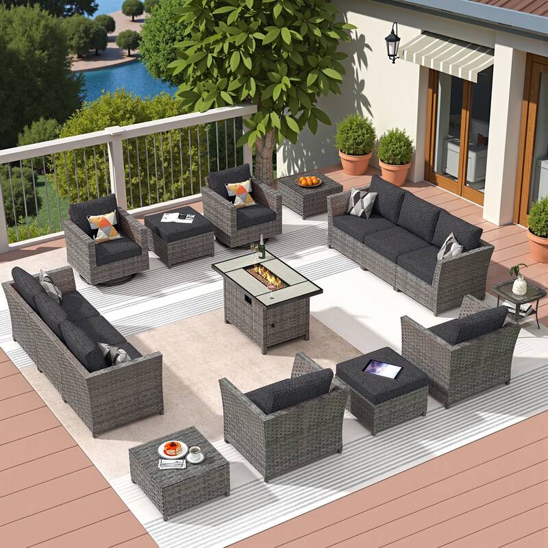 HOOOWOOO 16-piece Grey Rattan Outdoor Furniture Sectional Sofa Set Fire Pit Set with Swivel Chairs - Black