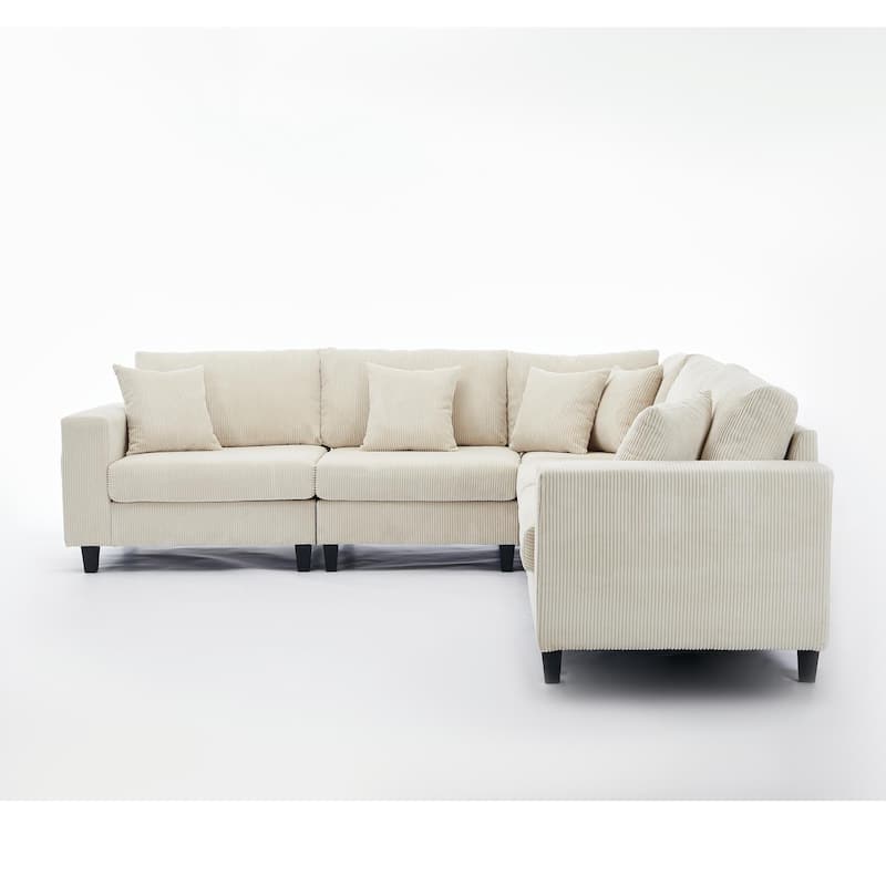 Oversized Sectional Sofa Set, L Shaped Corduroy Couch Deep Seat Chaise Lounge with 5 Throw Pillows for Living Room Loveseat