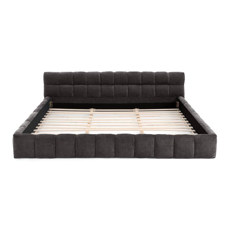Block Thick Chenille Low Profile Platform Bed Fabric Upholstered Bedframe with Headboard Solid Wood Frame - Optional Storage Bed