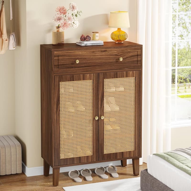 Shoe Cabinet with Doors and Drawer, Modern Rattan Shoe Storage Cabinet for Entryway, Mint Green