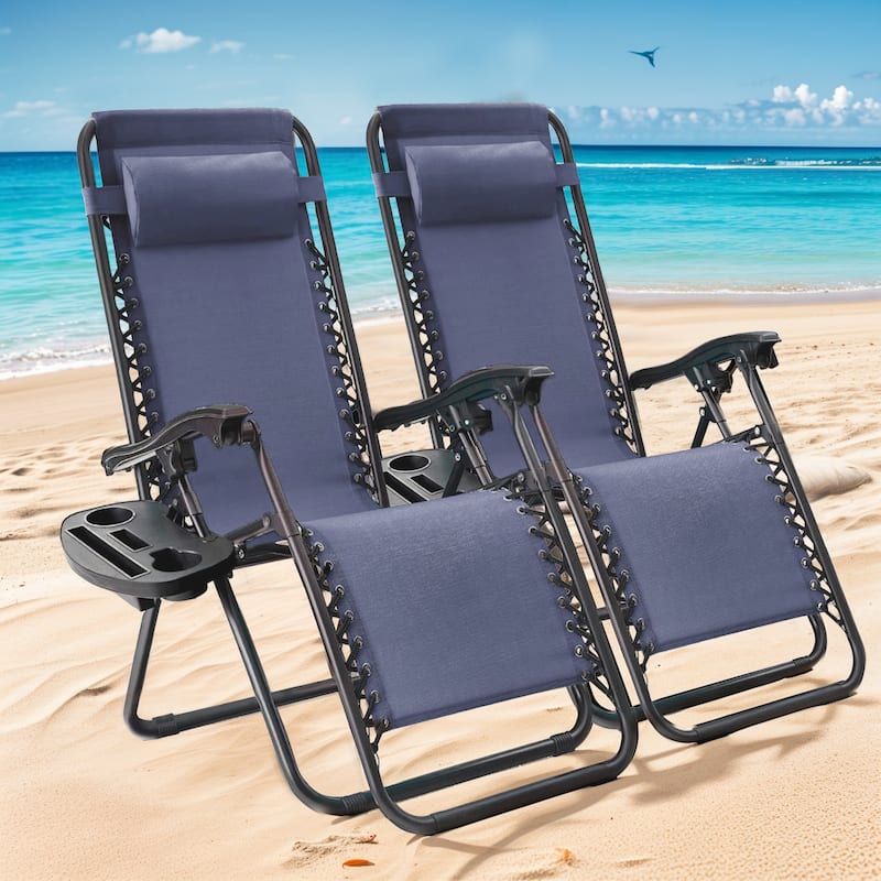 Set of 2 Zero Gravity Recliner Lounge Chairs with Cup Holders, Folding Patio Camping Beach Chairs for Outdoor Relaxation