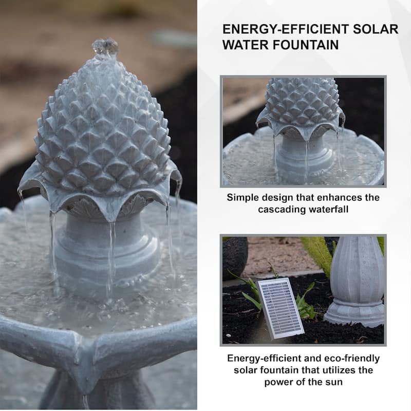 XBrand 44" H Fiberglass/Resin 2-Tier Solar Water Fountain w/ Solar Panel and Auto-Shut Off Pump, Solar Garden Fountain