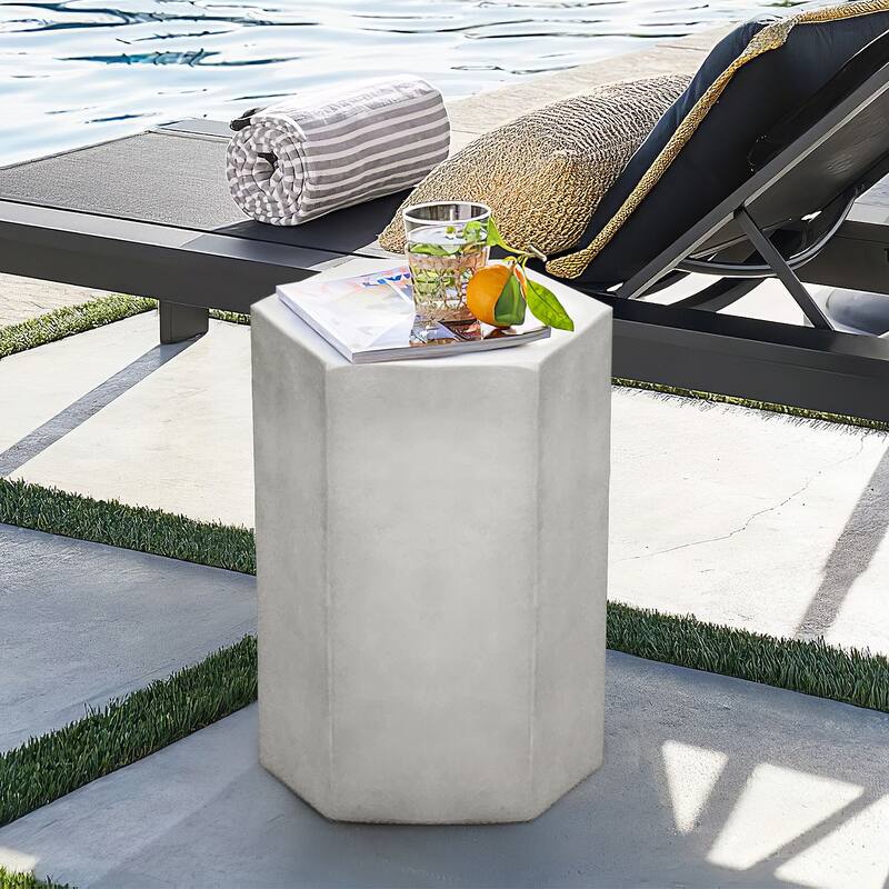 COSIEST MgO Outdoor Hexagonal End Table - 14"W x 12.5"D x 20"H - Light Grey